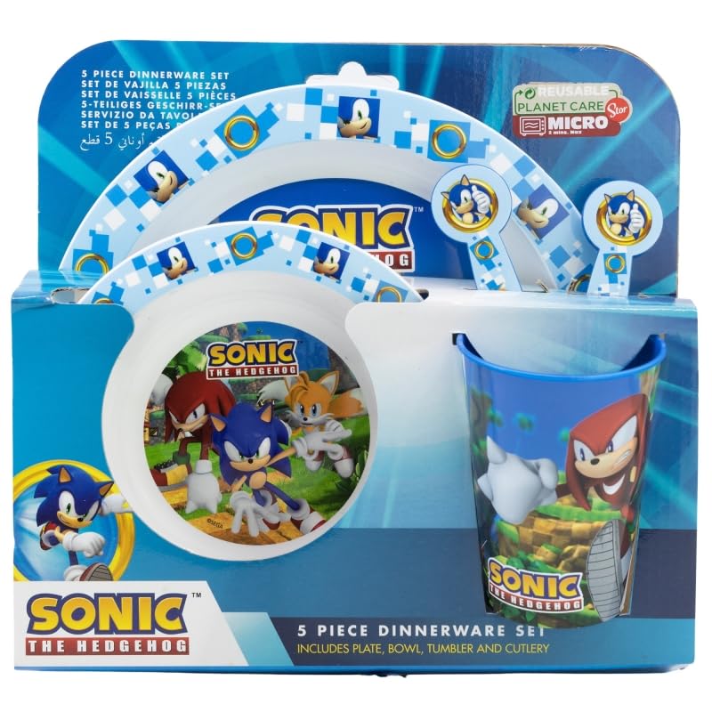 Microwave Safe 5pcs Character Animation 2023 Cartoon Dinner Tableware Set Plate, Bowl, Cup, Fork, Spoon BPA Free re-usable Plastic (Sonic)