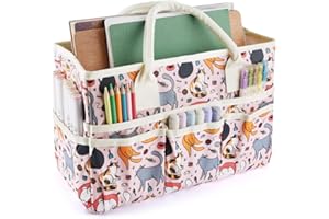 E-WEICHEN Craft Organizer Tote Bag Art Storage Caddy with Multiple Pockets Containers for Art,Craft,and Office Supplies Storage.Pink Cat