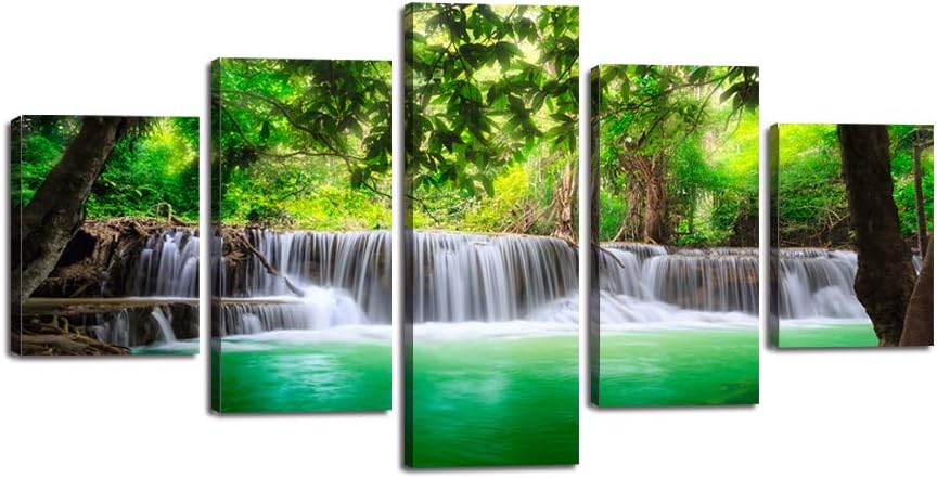Beautiful Waterfall Wall Art 5 Pieces Green Forest Canvas Painting Modern Natural Landscape Picture Dreamlike Poster Print Giclee Artwork Home Decor for Living Room Bedroom Office Framed (60''Wx32''H)