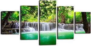Beautiful Waterfall Wall Art 5 Pieces Green Forest Canvas Painting Modern Natural Landscape Picture Dreamlike Poster Print Giclee Artwork Home Decor for Living Room Bedroom Office Framed (60''Wx32''H)
