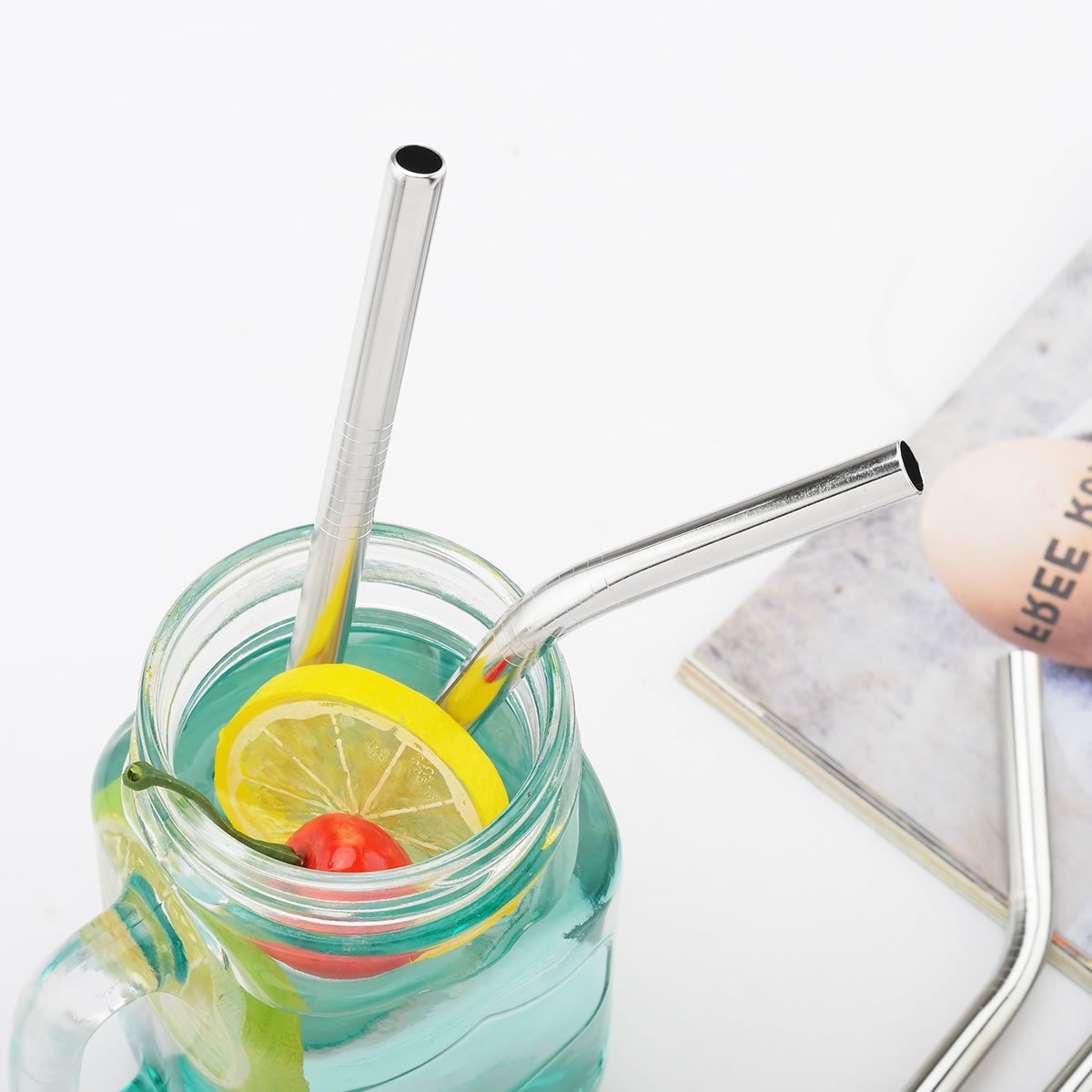 YIJIA 6pcs 9mm/8.5inch Stainless Steel Reusable Straw Set with 2pcs Cleaning Brushes for 20oz Cups