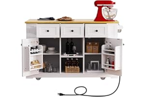 Kennkari Rolling Kitchen Island on Wheels with Storage Cabinet and Drawers, Wide Movable Kitchen Island with Drop Leaf and Power Outlet, Large Island Table with Towel and Spice Rack (Type T. White)