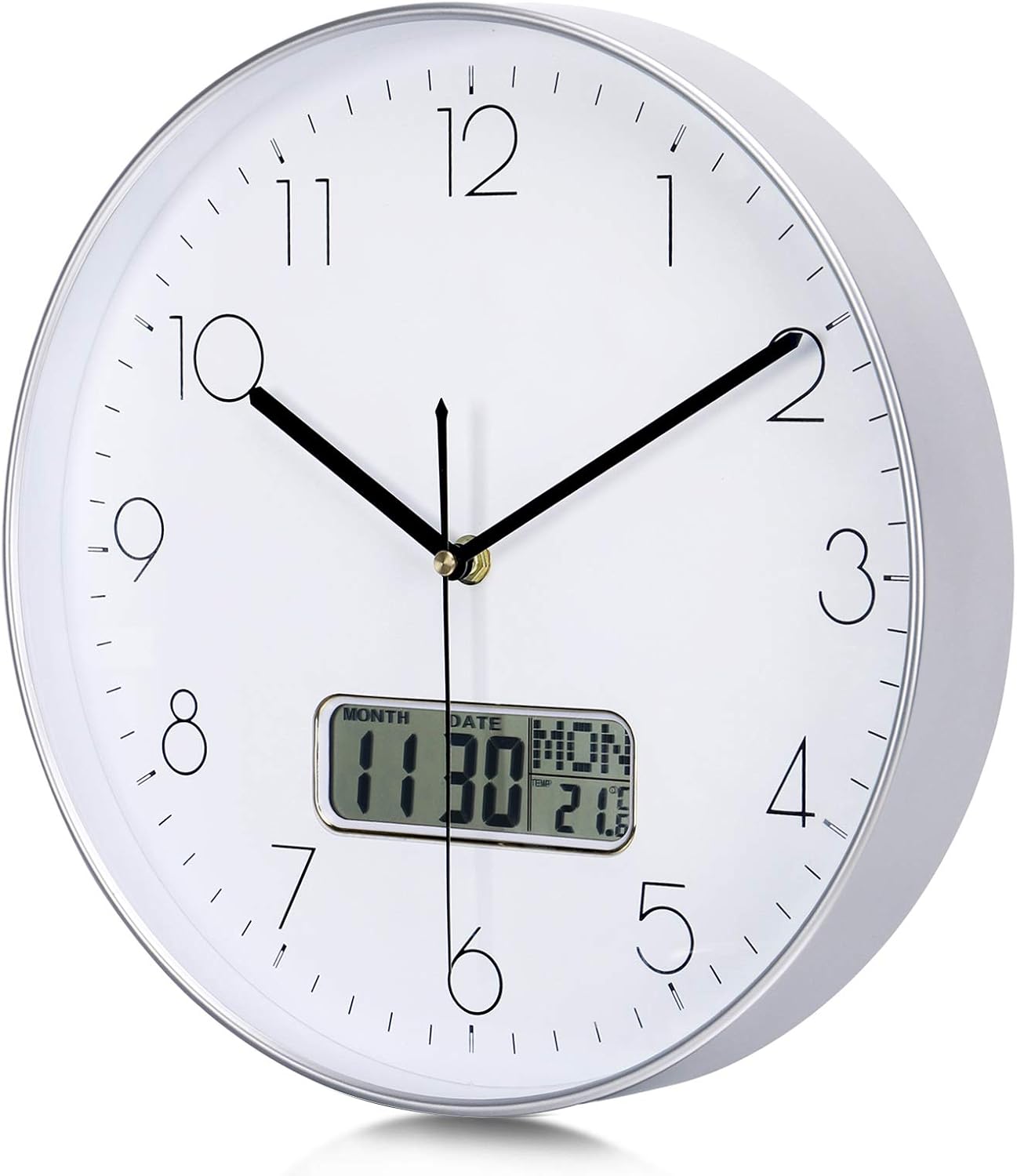 Lafocuse 12 Inch Silent Silver Wall Clock with Date and Day, Temperature, Day of Week