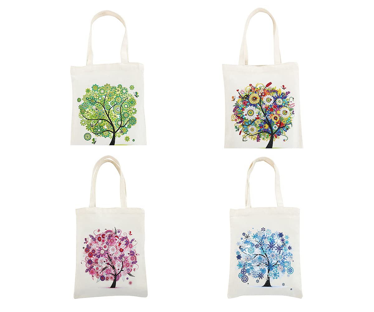 CaptainCrafts DIY 5D Diamond Painting Tote Bag Canvas Bag Durable Foldable Storage Bag DIY Diamond Art Handbag Kit Art Craft (4 PCS Four Seasons Tree)