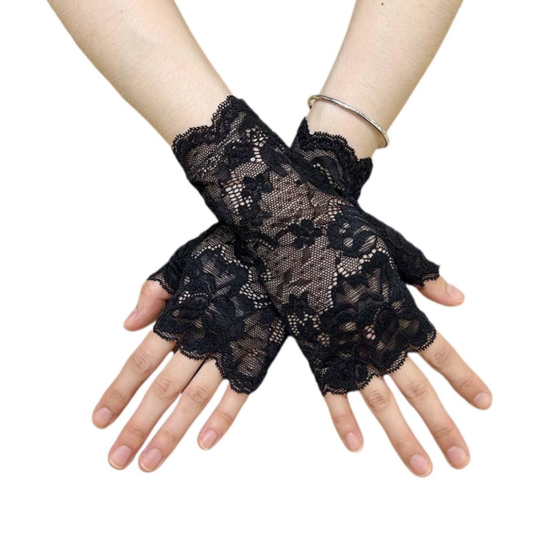 Cubahop Women's Lace Elegant Short Gloves Courtesy Summer Gloves for Wedding Party and Tea Party Prom Evening Gloves (Black B, Standard)