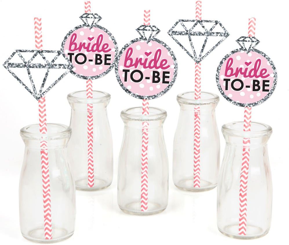 Bride-to-Be Paper Straw Decor - Bridal Shower & Classy Bachelorette Party Striped Decorative Straws - Set of 24