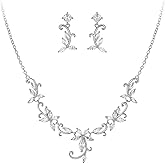 Crysdue Flower Leaf Wedding Jewelry Set for Bridal Bridemaid, Cubic Zirconia Teardrop Elegant Silver/14K/Rose Gold Plated Vine Necklace Dangle Earrings for Prom Party