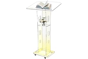 Vakiorn Acrylic Podiums for Church with 4 Wheels, 43” Clear Pulpit for Churches with Storage Shelf, Modern Lectern with 15 Colors Adjustable for Classroom, Conference, Wedding