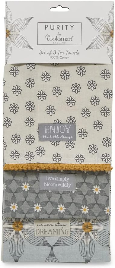 Cooksmart Purity Set of 3 Tea Towels Absorbent Kitchen Towels Cotton