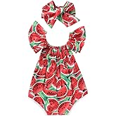 Phoebe bee Newborn Baby Girls Watermelon Fruit Bodysuit Romper Backless Jumpsuit Outfits with Headband Clothes Sunsuit