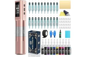 Neebol Wireless Tattoo Gun Kit, Rotary Tattoo Pen with 2000mAh Battery, LED Screen, 20 Cartridge Needles, 10 Inks, Complete Cordless Tattoo Machine Kit for Beginners and Professionals, Rose Gold