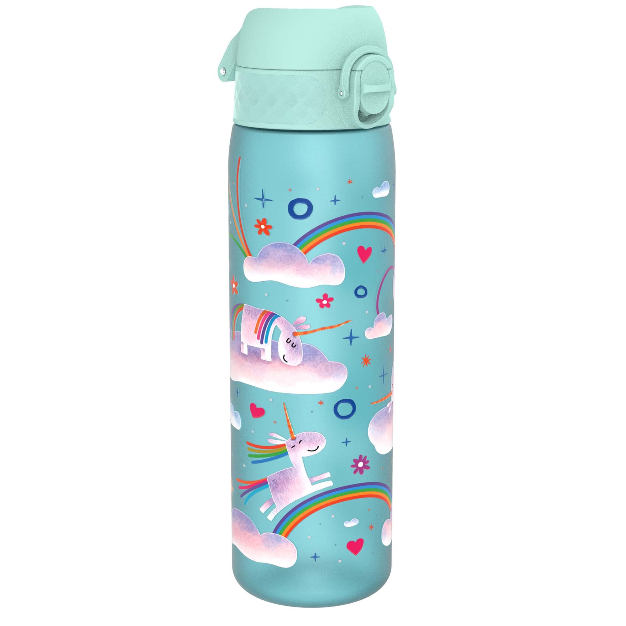 Ion8 Water Bottle, 500 ml/18 oz, Leak Proof, Easy to Open, Secure Lock, Dishwasher Safe, BPA Free, Hygienic Flip Cover, Carry Handle, Easy Clean, Odour Free, Carbon Neutral, Unicorn Rainbows