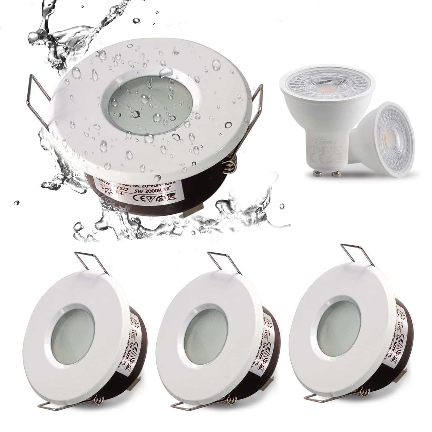 4XSweier 5W IP65 Waterproof LED Recessed Ceiling Lights, Warm White 3000K 430LM, Suitable for Bathroom and Kitchen Spotlights (Including GU10 lamp Holder) White Downlight Cut-Out 68mm