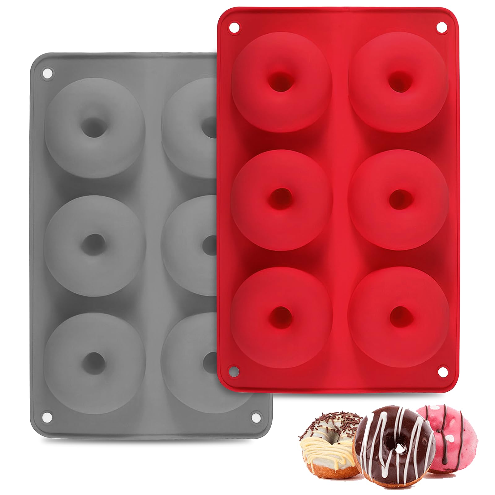2 Pack Doughnut Mould, 6 Cavity Silicone Donut Molds Non Stick Donut Pan for Baking Mini Doughnut Tray Ring Cake Tins (Red+Grey)