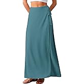 ELLEVEN Linen Wrap Maxi Skirt Elastic Back Waistband Flowy A Line Summer Casual Long Skirt