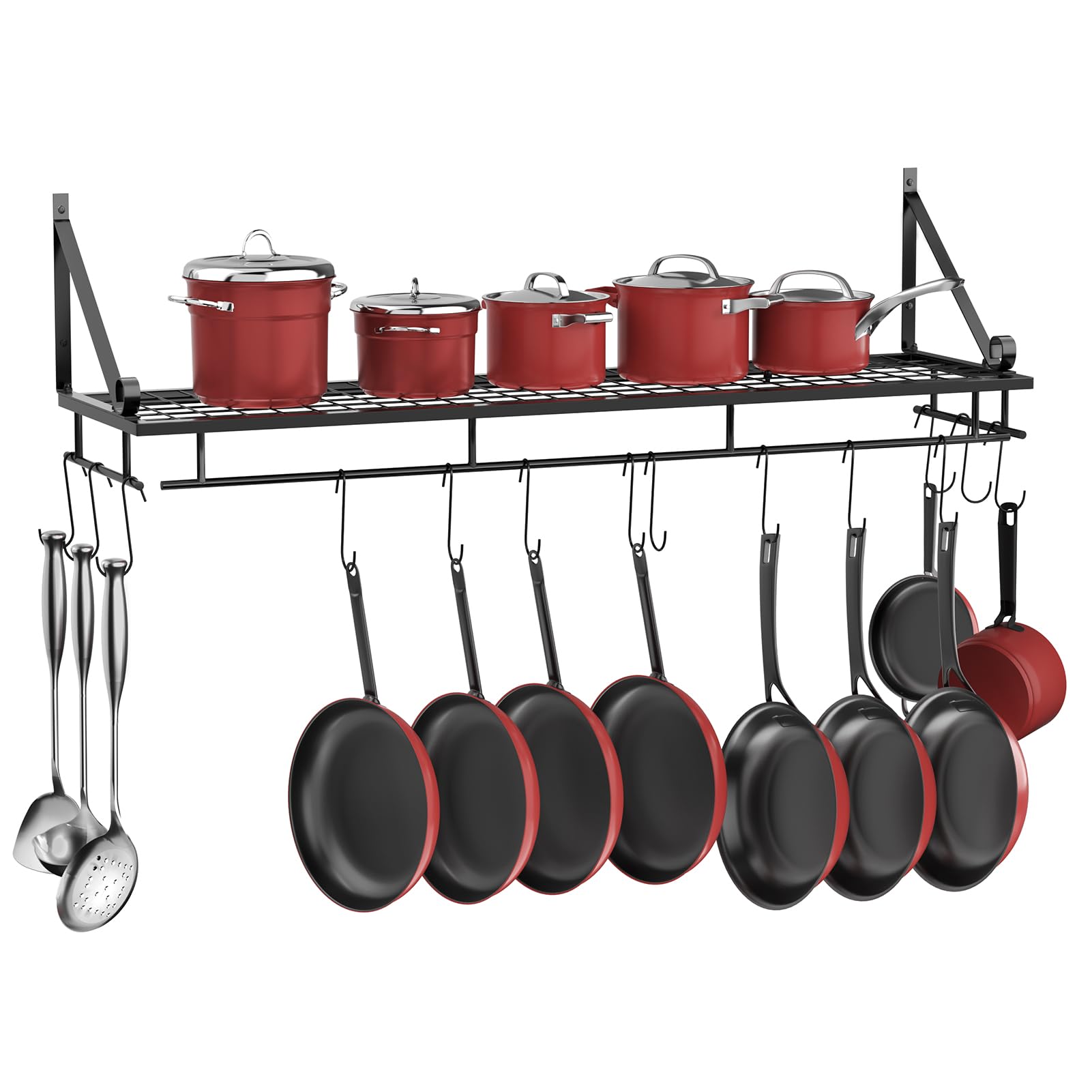 XEMQENER Wall Hanging Pan Pot Rack with 10pcs Removable Hooks, Wall Shelf with Towel Bar, Kitchen Bathroom Utensils Organizer, Hanging Shelving (90 * 24 * 25cm)