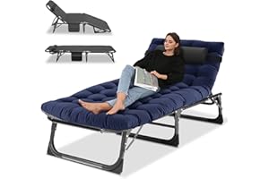 LILYPELLE Portable Folding Camping Cot, Adjustable 4-Position Adults Reclining Chaise with Pillow, Outdoor Lounge Chair Sleeping Cots Bed, Perfect for Camping, Pool, Beach, Patio