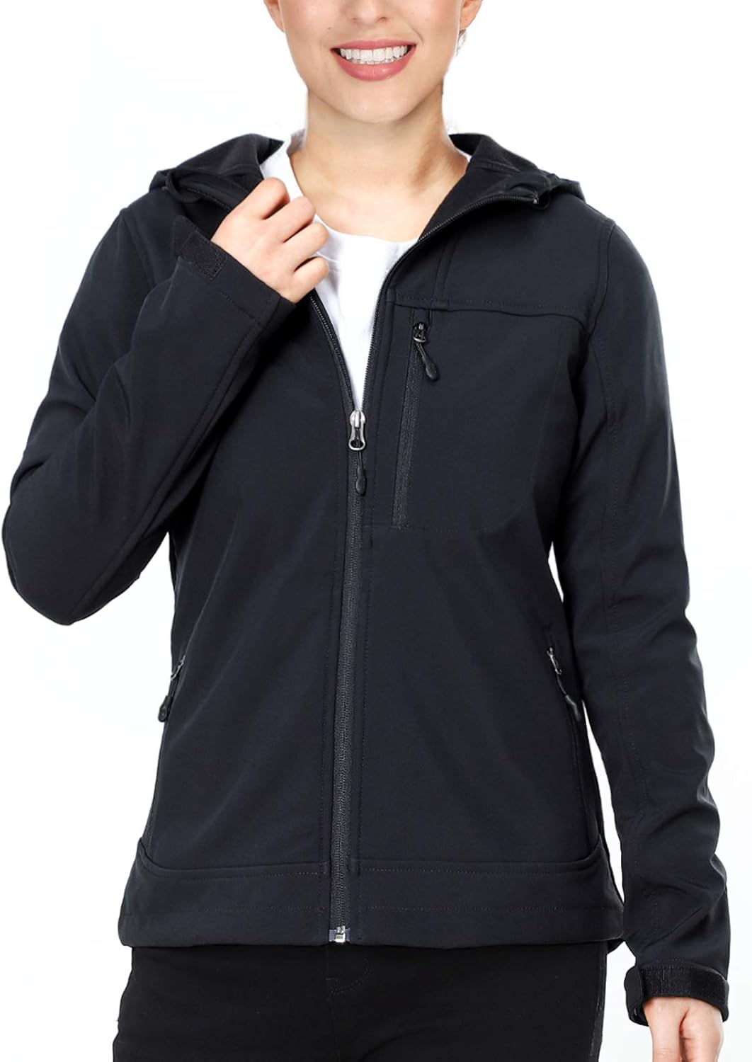 MIER Women's Hooded Softshell Jacket Tactical Jacket with Fleece Lined for Hiking Travel Work Casual, Water Resistant, Black: Clothing