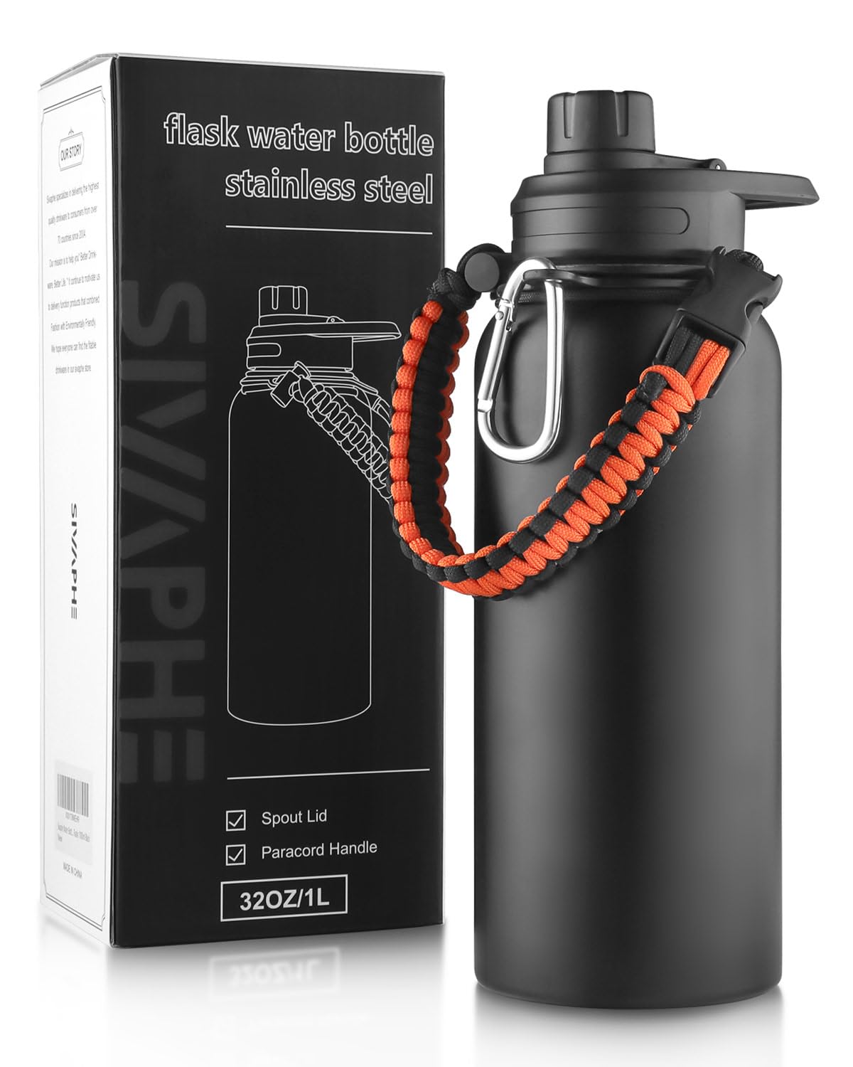 Sivaphe Stainless Steel Water Bottle 1L, Vacuum Insulated Flask with Spout Lid, 32oz Large Bottles for Outdoor, Sports(Black) — image 1