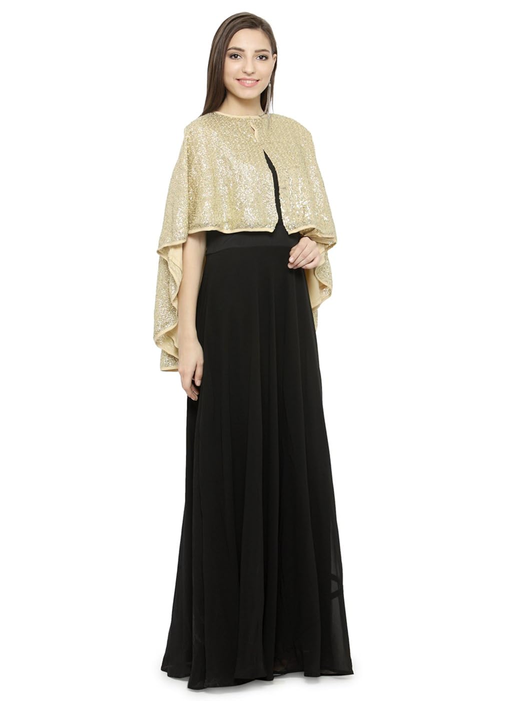just wow black & golden poly georgette women's dress