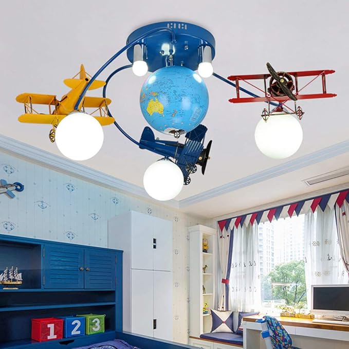 LAKIQ Boys Room Chandelier Airplane Modern LED Flush Mount Lighting with World Globe Creative