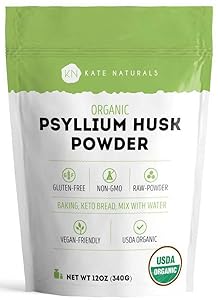 Psyllium Husk Powder Organic by Kate Naturals. Perfect for Baking, Keto Bread and Consuming With Water. Fine Grind. Gluten-Free & Non-GMO. Large Resealable Bag. 1-Year Guarantee (12oz).