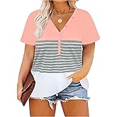 CARCOS Plus Size Tops for Women Button Up Henley Shirts Short Sleeve Summer T-Shirts V/Crewneck Casual Trendy Tunics XL-5XL