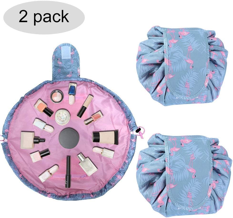 2-PCS Lazy Cosmetic Bag, Large Capacity Drawstring Makeup Pouch,Travel Storage Organizer(B:two Flamingo)
