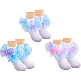Hopply Toddler Girls Double Lace Socks Turn Cuff Shimmering Big Ruffle Rainbow Style Dress Lace Socks for Infant Kids