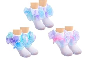 Hopply Toddler Girls Double Lace Socks Turn Cuff Shimmering Big Ruffle Rainbow Style Dress Lace Socks for Infant Kids