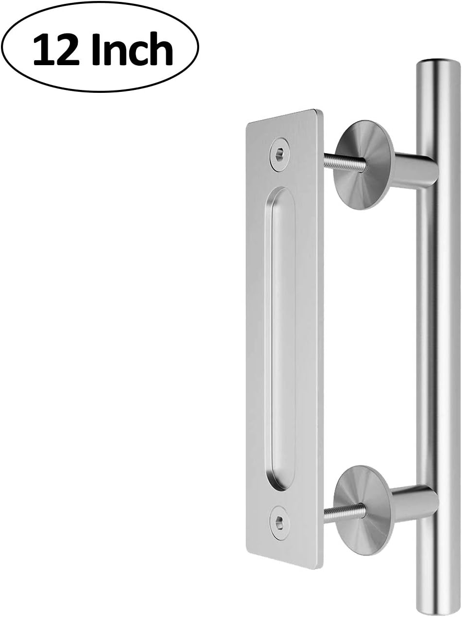 SEIDO Heavy Duty 12 Inches Pull and Flush Barn Door Handles Set, Large Rustic Two-Side Design, for Gates Garages Sheds Furniture, Satin Stainless Steel Finish, Round