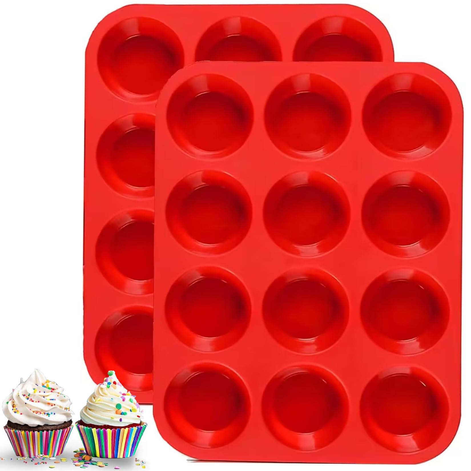 VIKKI 2PCS Silicone Muffin Trays, 12 Cups Silicone Cupcake Cases Non Stick Cupcake Tin, Reusable Baking Mould for Making Muffin Cakes Cupcakes Bakeware Baking Yorkshire Pudding