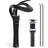 Elegant Bathroom Sink Faucet Single Hole,AUU Waterfall Matte Black Vessel Sink Faucet Solid Brass,Single Handle Tall Bowl Sink Faucet with Pop Up Drian Supply Line (Black, Tall)