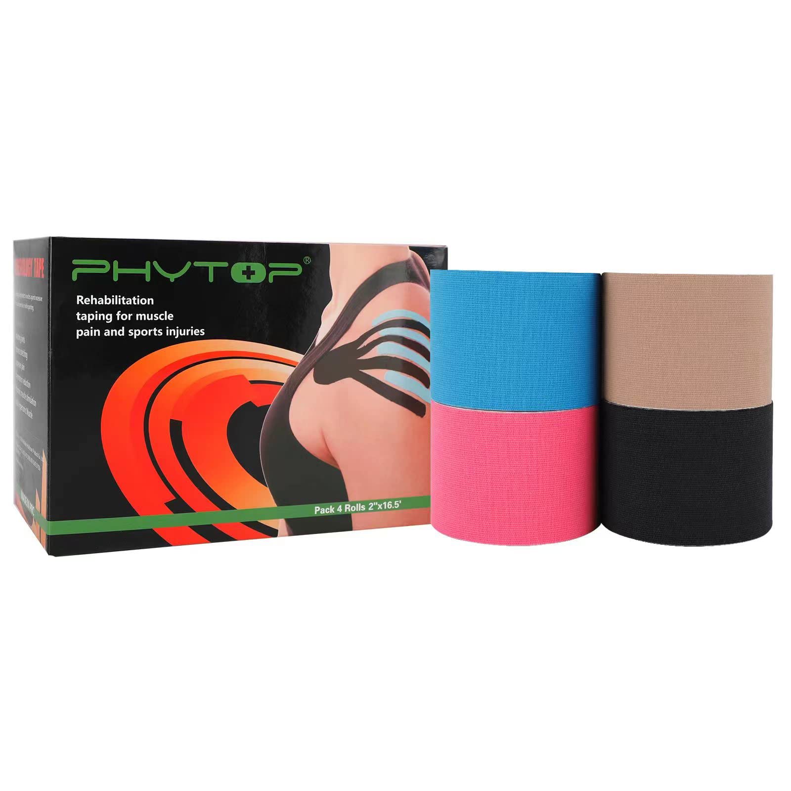 PHYTOP Kinesiology Tape 4 Rolls Multipack, Uncut 5cm x 5m Sports Tape, Strong Adhesive for Muscle Support, Joint Stability & Enhanced Performance (Skin, Blue, Pink, Black)