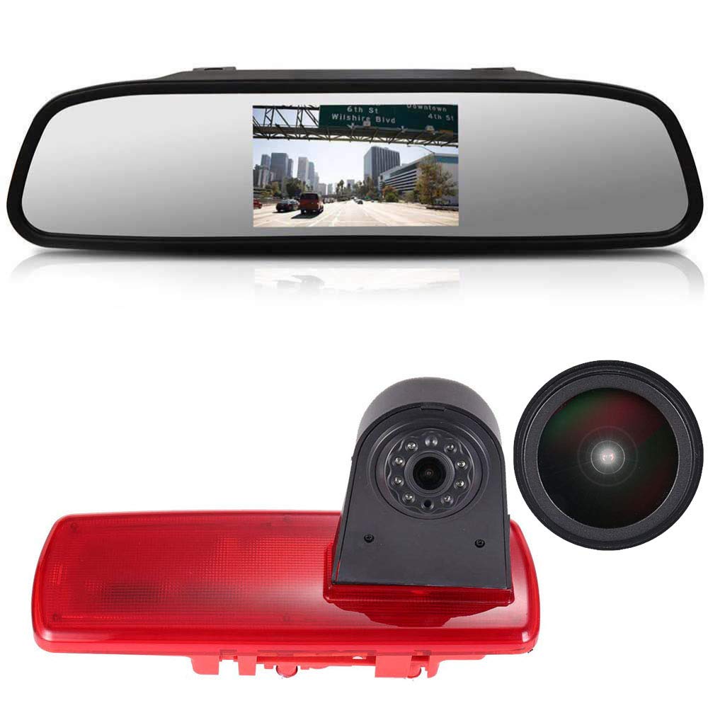 〔18mm Lens Camera + 4.3'' Rearview Mirror〕Car HD waterproof 3rd Brake Light Reverse Camera Kit for Fiat talento Nissan NV300 Renault Trafic III Primastar Opel/Vauxhall Vivaro