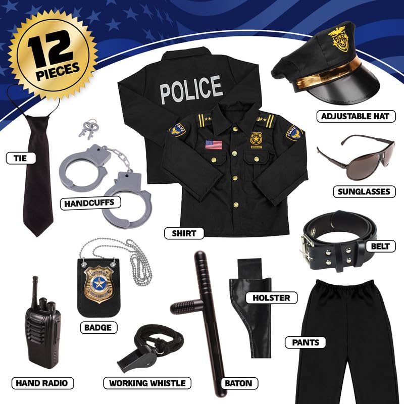 Kangaroo Police Costume for Kids – 12 Pc Black Cop Outfit with Hat, Badge, Handcuffs, Holster & More
