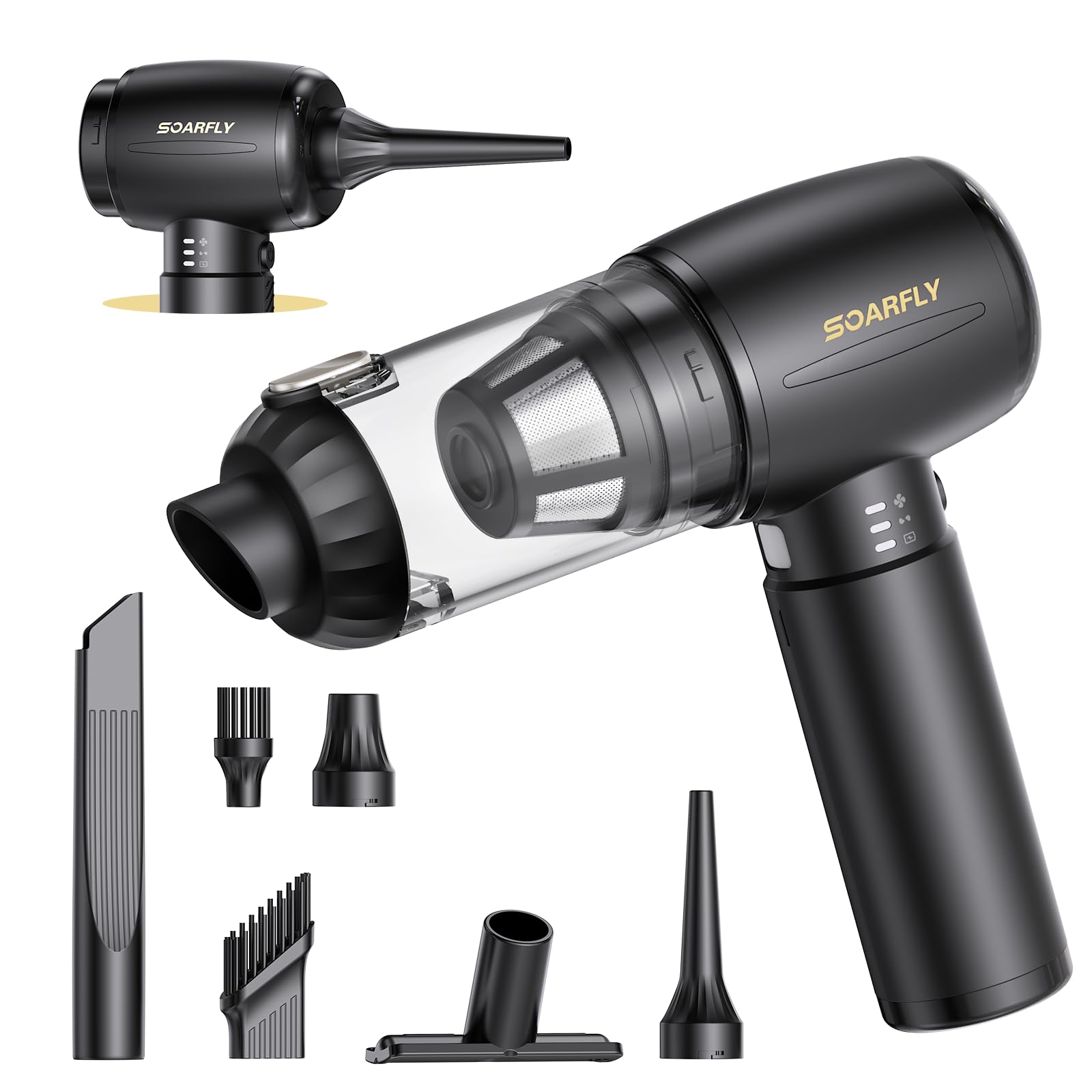 SoarFly Handstaubsauger Akku, 25000Pa 4 in 1 Auto Mini Staubsauger Kabellos Stark mit LED Licht, 2-Gang Elektrische Staubgebläse mit Bürstenloser Motor für den Auto, Küche, PC, Sofa, Büro