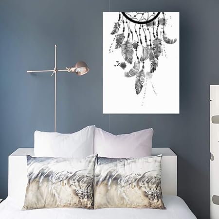 Tableau Sur Toile Murale Noir Blanc Aquarelle Dessinee A La Main Motif Attrape Reves Ethnique Cadre