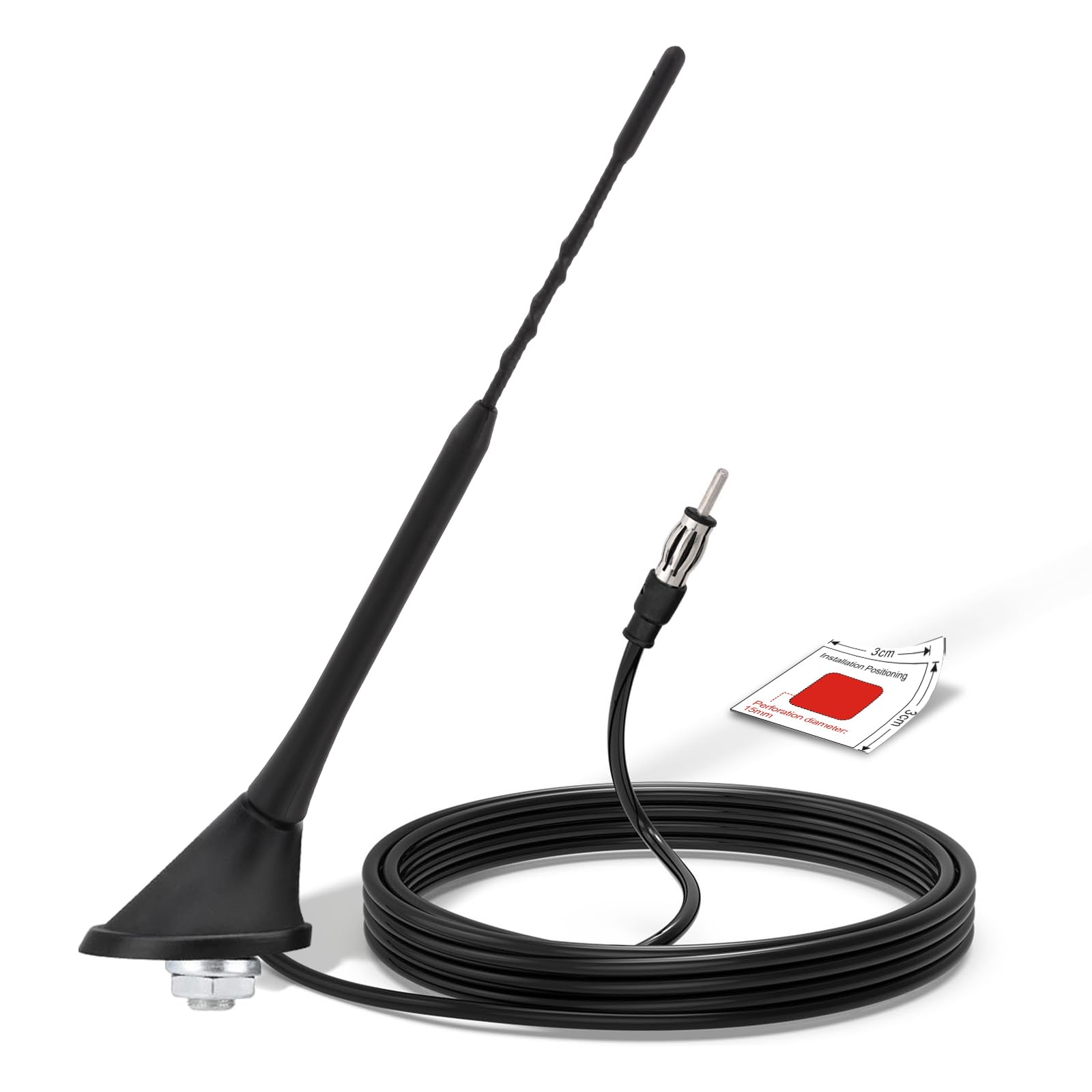 Bingfu Car Antenna FM/AM Aerial 29cm Universal Roof Mount with Mounting Base, 5Meter Cable, DIN Plug Connector for Car, Truck, SUV Stereo Head Unit Receiver