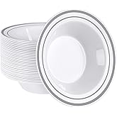 SETUP [12 oz. - 50 Piece Dessert Soup Bowls with Silver Rim, Plastic Bowls Disposable - Premium Heavy-Duty Disposable Soup Bowls for Party, Wedding, and All Occasions