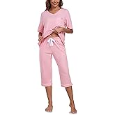 COLORFULLEAF Womens Pajama Sets 100% Cotton Summer Pj Set Capri Pants Sleepwear 2 Piece Lounge Set with Pockets