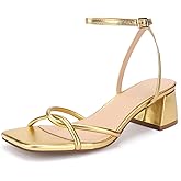 Lookyno Women's Open Toe Block Heels Sandals Strappy Low Chunky Heels with Ankle Strap