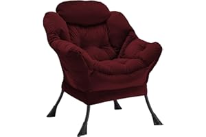 Youtanic Lazy Chair Thick Padded, Accent Chair Velvet Upholstered with Wide Seat, Stable Metal Frame and Non-Slip Pad, Modern Sofa Armchair with Side Storage Bag for Dorm, Room, Office, Burgundy