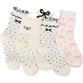Jspupifip 5 Pairs Women Ruffle Bow Socks Cute Casual Ankle Crew Socks Soft Breathable Fashion Frilly Bow Cotton Sock