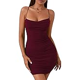 KUTUMAI Women's Ruched Bodycon Mini Dress Summer Spaghetti Strap Party Club Dresses