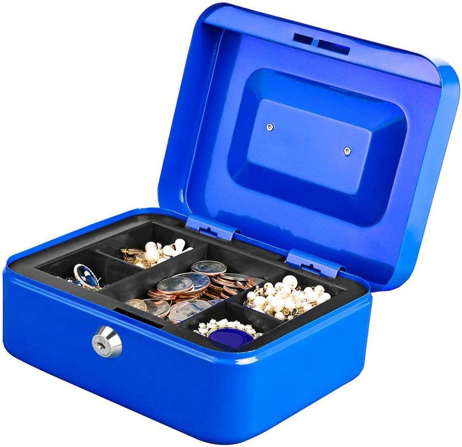Cash Box with Money Tray, Metal Locking Money Box with Key Lock for Security 7 4/5" x 6 4/5" x 3 3/5", Blue - Image 3