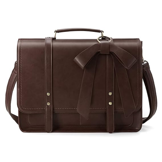 ECOSUSI Aktentasche Damen Laptoptasche 15,6 Zoll Vintage Umhängetasche mit Abnehmbarer Schleife Schultasche Kaffee