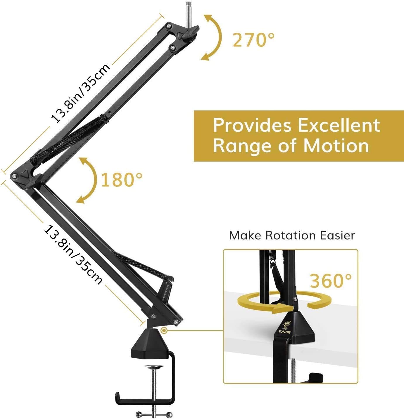 Microphone Arm Stand, TONOR Adjustable Suspension Boom Scissor Mic Stand with Pop Filter, 3/8" to 5/8" Adapter, Mic Clip, Upgraded Heavy Duty Clamp for Blue Yeti Nano Snowball Ice and Other Mics(T20): Musical Instruments