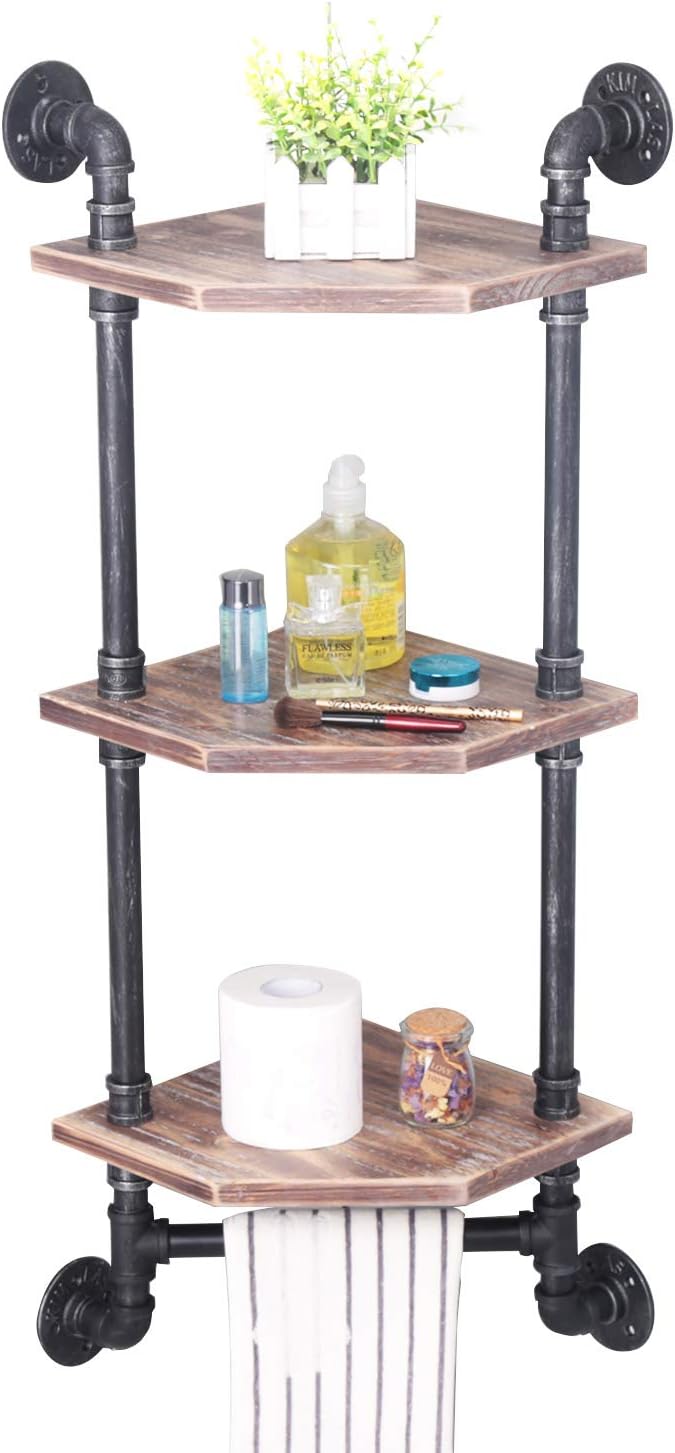 Weven Industrial Pipe Corner Shelf,Rustic Wall Towel Rack with Towel Bar,Bathroom Shelves Wall Mounted,3 Tiered Metal&Real Wood Home Decor Floating Shelves