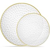 PLASTICPRO 32 Piece Combo Plates Set includes 16-7'' inch Plates & 16-9'' inch Plate Clear Plastic Organic Hammered Design Party Dishes Gold Rim, Elegant, Tableware, Dishes,